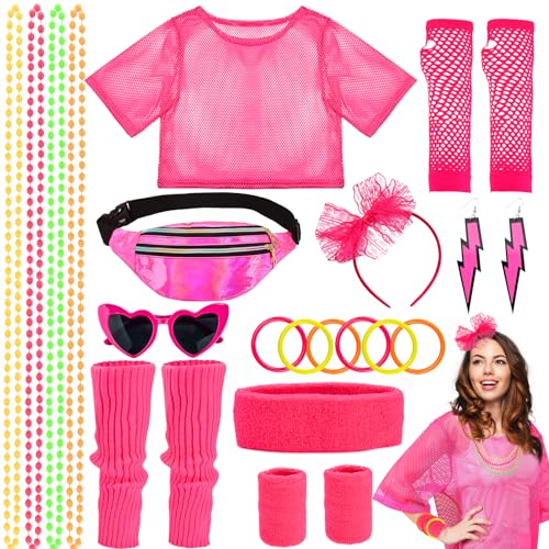 80er 90er Jahre Outfit Damen 80er Jahre Accessoires T-Shirt Gürteltasche Ohrring Halskette Zhandschuhe Brille Haarreif Stirnband Set Beinstulpen Armband Für Karneval Cosplay Party 80er Kleidung Damen von Cheloveer