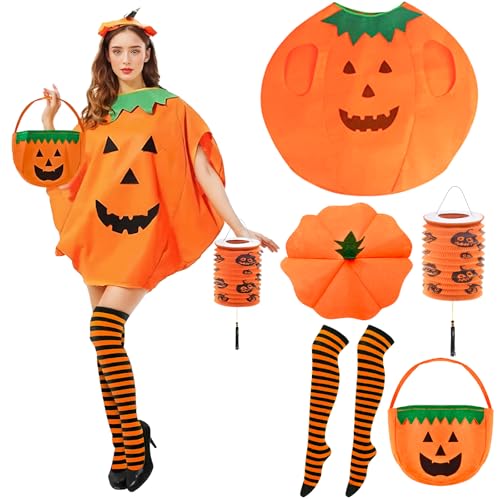 Cheloveer 5PCS Kürbis Kostüm Damen, Kürbis Kostüm Erwachsene Mit Kürbishut Candy Bag Kürbis Overknee Socken Kürbislaterne, Kürbis Kostüm Mädchen, Halloween Kostüm Kürbis Damen Karneval Party von Cheloveer