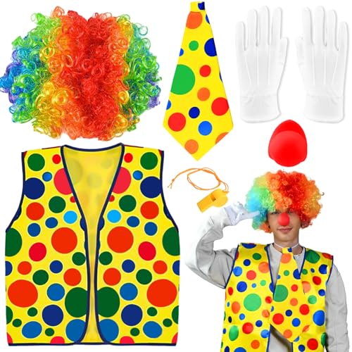 Cheloveer 6PCS Clown Kostüm, Clown Kostüm Damen Clown Accessoires Clown Zubehör Clown Kostüm Set Mit Clown Perücke Clown Nase Krawatte Handschuhen Und Pfeifen, Karneval Kostüme Für Kinder Damen Herren von Cheloveer