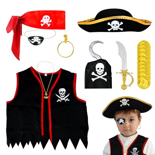 Cheloveer 18 PCS Piratenkostüm Kinder, Piratenkostüm Kinder Jungen, Piratenhut Kinder Karneval Piratenkostüm Kinder Piratenkostüm Zubehör, Piraten Kostüm für Jungen Mädchen Karneval Piratenparty von Cheloveer