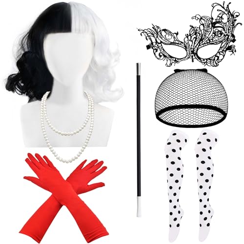 Cheloveer Cruella Kostüm Damen, 7PCS Cruella Devil Kostüm Damen, Cruella Perücke Handschuhe Halskette Spitze Maske Perückenmütze Halterung und socken. Cruella Kostüm Für karneval Kostüm Damen Cruella von Cheloveer