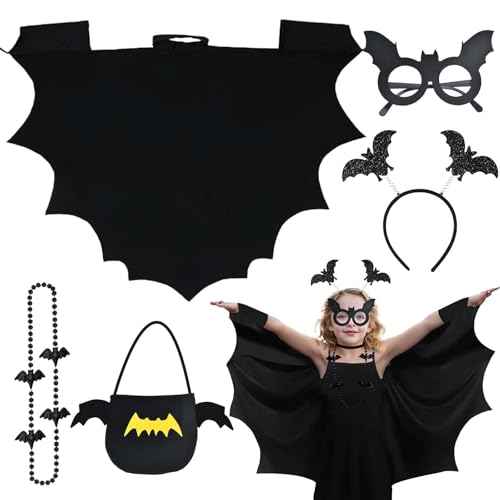 Cheloveer Fledermaus Kostüm Kinder, Halloween Kostüm Kinder Fledermaus 110Fledermaus Kostüm Fledermaus Haarreif Brille Halskette Bag, Halloween Fledermaus Kostüm Mädchen Junge Kostüm Fledermaus Kinder von Cheloveer