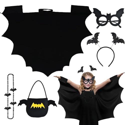 Cheloveer Fledermaus Kostüm Kinder, Halloween Kostüm Kinder Fledermaus 130Fledermaus Kostüm Fledermaus Haarreif Brille Halskette Bag, Halloween Fledermaus Kostüm Mädchen Junge Kostüm Fledermaus Kinder von Cheloveer