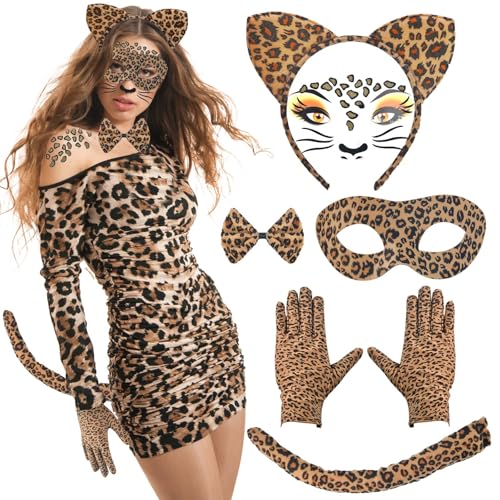 Cheloveer Leoparden Kostüm Damen 7PCS Leoparden Kostüm Kinder Mit Leoparden Ohren Haarreif Schwanz Leopard Tattoo Maske Fliege Und Handschuhe, Leoparden Kostüm Erwachsene Für Karneval Leoparden Kostüm von Cheloveer