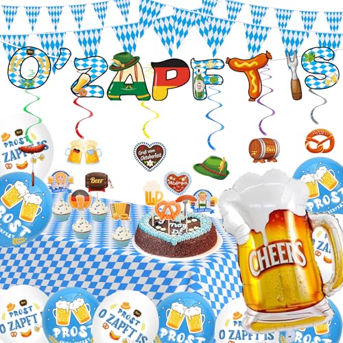 Cheloveer Oktoberfest Deko, Bayrische Deko,Oktoberfest Deko Set Mit "O’ZAPFT IS " Girlande Oktoberfest Tischdecke Wimpelkette Ballon Oktoberfest Spiral Oktoberfest Cake Topper Für Deko Oktoberfest von Cheloveer