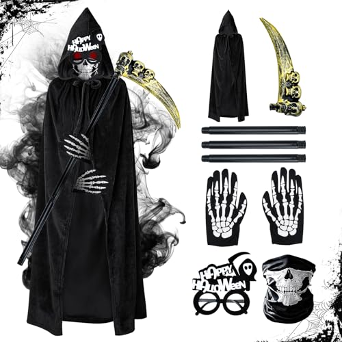 Cheloveer Sensenmann Kostüm, 6PCS Sensenmann Kostüm Kinder, Sensenmann Kostüm Herren,Grim Reaper Costume, Sensenmann Kostüm Erwachsene, Halloween Kostüm Sensenmann für Cosplay Halloween Party von Cheloveer