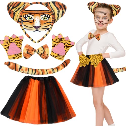 Cheloveer Tiger Kostüm Kinder, 7PCSTiger Kostüm Damen, Tiger Kostüm Tierkostüm Kinder, Fliege Stirnband Tiger Tattoo Tutu-Rock Schwanz Und Handschuhe Tiger Kostüm Erwachsene Für Karneval TigerKostüm von Cheloveer