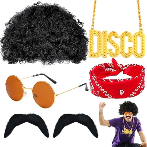 Cheloveer7PCS Hippie Kostüm Herren 70 80er Jahre Outfit Herren Disco Perücke Herren Hippie Perücke Brille Falscher Schnurrbart Halskette Stirnband 70 80er Jahre Bekleidung Karneval Kostüm Herren von Cheloveer