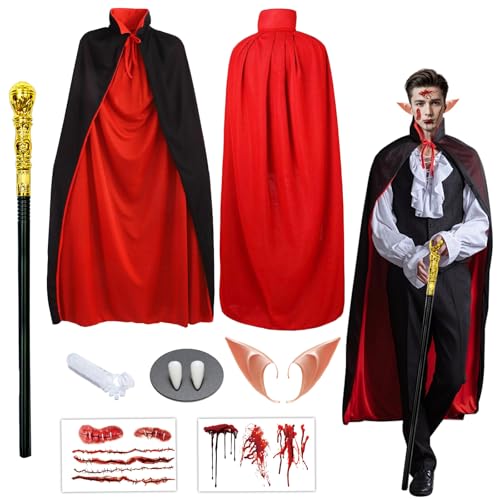 Cheloveer7PCS Vampir Kostüm, Halloween Vampir Kostüm Mit Vampir Umhang Halloween Tattoos Vampir Vampir Zähne Gehstock Vampir Elfenohren, Vampir Kostüm Damen Herren, Vampir Kostüm Kinder Jungen Mädchen von Cheloveer