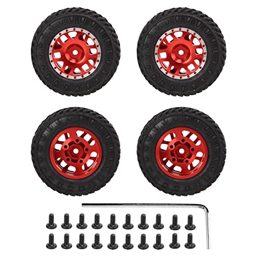 ChengyuWei 4 Stück 55 mm Vorder- und Hinterräder und Reifen, RC-Reifen und Felgen, RC-Car-Reifen für AXIAL SCX24 1/24 RC-Car, Gummireifen und 12-Speichen-Metallfelgen-Set (Rot) von ChengyuWei