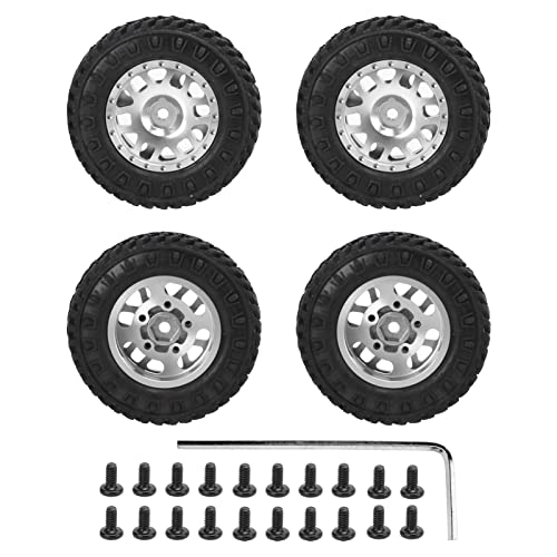 ChengyuWei 4 Stück 55 mm Vorder- und Hinterräder und Reifen, RC-Reifen und Felgen, RC-Car-Reifen für AXIAL SCX24 1/24 RC-Car, Gummireifen und 12-Speichen-Metallfelgen-Set (Silber) von ChengyuWei