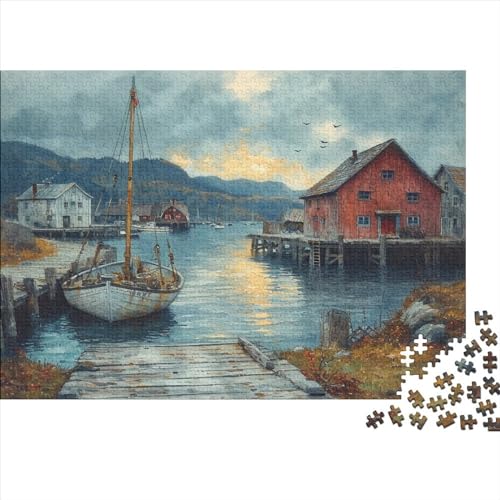 Landschaftsmalerei Puzzle Farbenfrohes 1000 Teile Impossible Puzzle Herausforderung Puzzle Rahmen Puzzle Lernspiel Geschenk Lakeside Lodge Erwachsene-Puzzle von ChengzeTCo