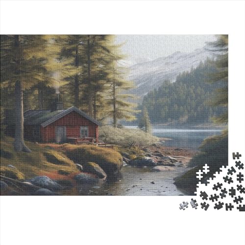 Landschaftsmalerei Puzzle Farbenfrohes 300 Teile Impossible Puzzle Herausforderndes Puzzle Rahmen Puzzle Lernspiel Geschenk Lakeside Lodge Erwachsene-Puzzle von ChengzeTCo