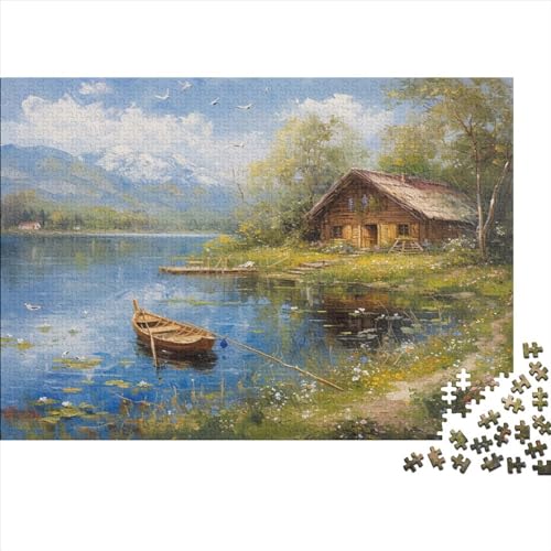 Landschaftsmalerei Puzzle Farbenfrohes 300 Teile Impossible Puzzle Herausforderndes Puzzle Rahmen Puzzle Puzzle-Geschenk Lakeside Lodge Erwachsene-Puzzle von ChengzeTCo