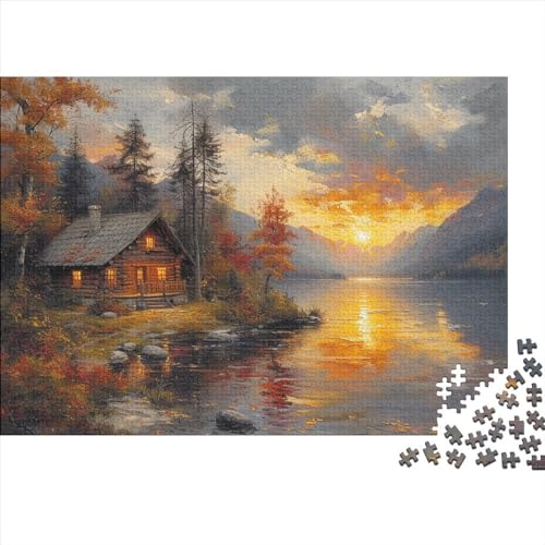 Landschaftsmalerei Puzzle Farbenfrohes 300 Teile Impossible Puzzle Herausforderung Puzzle Lustiges Kunstpuzzle Geschicklichkeitsspiel Lakeside Lodge Für Die Ganze Familie von ChengzeTCo