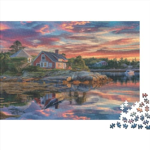 Landschaftsmalerei Puzzle Farbenfrohes 300 Teile Impossible Puzzle Herausforderung Puzzle Lustiges Kunstpuzzle Puzzle-Geschenk Lakeside Lodge Für Erwachsene Teenager von ChengzeTCo