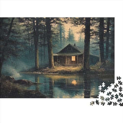 Landschaftsmalerei Puzzle Farbenfrohes 300 Teile Impossible Puzzle Herausforderung Puzzle Rahmen Puzzle Puzzle-Geschenk Lakeside Lodge Erwachsene-Puzzle von ChengzeTCo