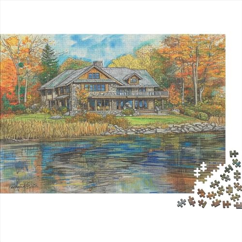 Landschaftsmalerei Puzzle Farbenfrohes 300 Teile Impossible Puzzle Schwieriges Puzzle Lustiges Kunstpuzzle Geschicklichkeitsspiel Lakeside Lodge Für Erwachsene Teenager von ChengzeTCo