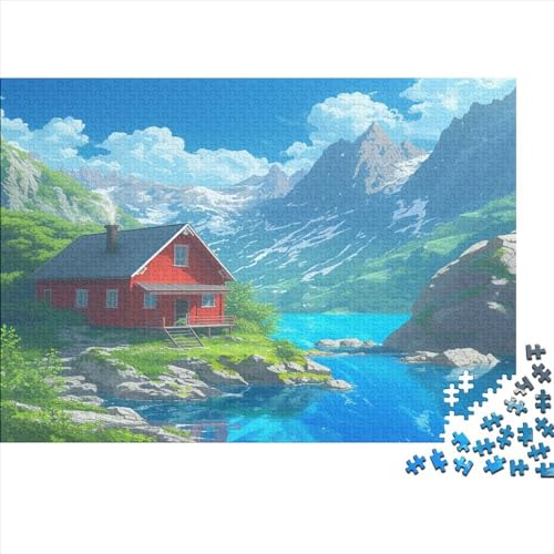 Landschaftsmalerei Puzzle Farbenfrohes 300 Teile Impossible Puzzle Schwieriges Puzzle Rahmen Puzzle Lernspiel Geschenk Lakeside Lodge Erwachsene-Puzzle von ChengzeTCo