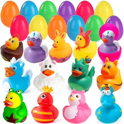 Chennyfun 12 Pcs Easter Eggs Filler mit Gummi-Enten Badespielzeug, Lustig Bunte Enten Poolspielzeug für Osterkorb Füllstoffe, Baby Shower Geburtstag Party Geschenke, Kinder Badewannenspielzeug von Chennyfun