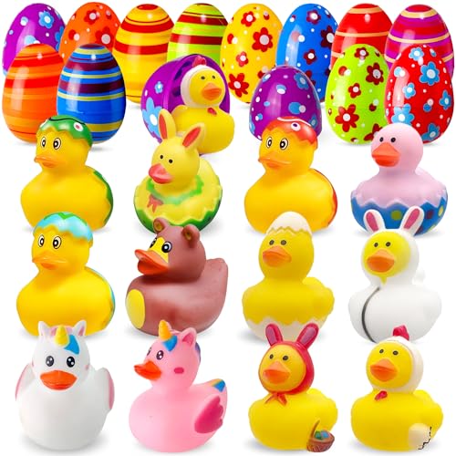 Chennyfun 12 Stück gefüllte Ostereier mit Gummiente,Bunt Gummi Badeenten,Quietschen Bade Enten, 12 Stück Ostern Eier für Ostern Partyzubehör,Osterkorb Füllstoffe von Chennyfun