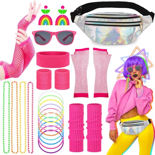 Chennyfun 80 90er Jahre Outfit Damen Set, 25 Stück Retro Trainingsanzug Kostüm Accessoires mit Gürteltasche, Stirnband, Beinwärmer, Ohrring, Halskette, Armbänder, Neon Accessoires Thema Party Karneval von Chennyfun