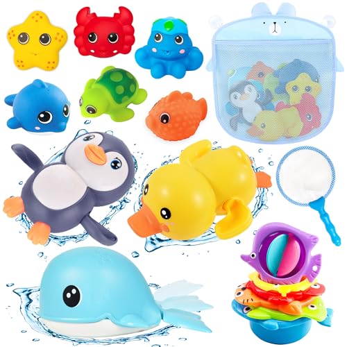 Chennyfun Baby Badespielzeug Wasserspielzeug, 16Pcs Kinder Badewanne Spielzeug mit Fischernetz, Badewannenspielzeug Baby Kinder Spielzeug Baby Badewanne-Pinguin, Schwan, Ente, Whale für 1-5 Jahre Baby von Chennyfun