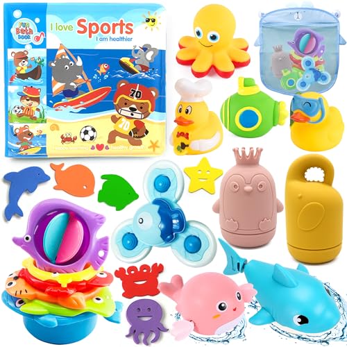 Chennyfun Baby Badespielzeug Wasserspielzeug, 23Pcs Kinder Badewanne Spielzeug mit Suction Spinner, Badewannenspielzeug Baby Kinder Spielzeug-Gummi-Ente, Haifisch,Oktopus für 1-5 Jahre Baby von Chennyfun