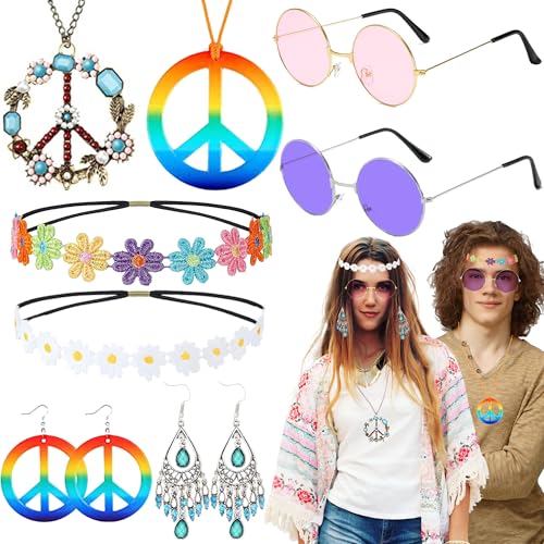 Chennyfun Hippie Kostüm Set, 10 Stück Hippie Schmuck inkl. Hippie Brillen, Armbänder, Peace Halskette Anhänger, Ohrringe, 60er 70er Jahre Fasching Kostüm Damen Zubehör, Hippie Thema Party Karneval von Chennyfun