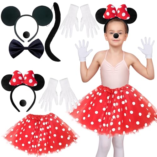 Chennyfun Mädchen Maus Mouse Kostüm Set, Kinderkostüme Mäuschen Rot Rosa Tutu mit weiß Gepunktet mit 2 Haarreifen, 2 Handschuhe, 2 Nase, für Karneval Cosplay Fasching Halloween Party von Chennyfun