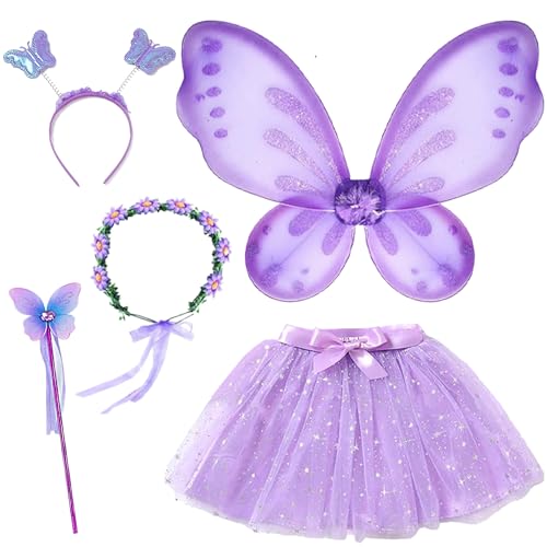 Chennyfun Schmetterling Feenkostüm Set Kinder für Mädchen 5 Stück, Schmetterlingsflügel Tutu mit Blumenkranz Zauberstab und Haarreifen, Geburtstag Karneval Kostüm Kinder Requisiten Bühnen Aufführung von Chennyfun