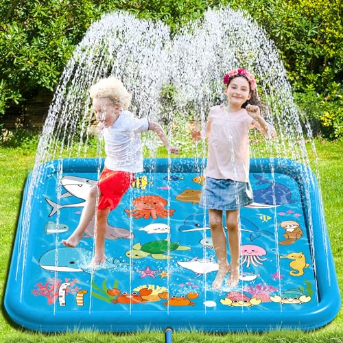 Chennyfun Sommer Sprinkler Wasserspielmatte, Großes Quadratisch Aufblasbar Splash Spielmatte 67 Zoll, Outdoor Sommer Wasserspielzeug für Familie Aktivitäten/Strand/Garten für Jungen,Mädchen,Haustiere von Chennyfun