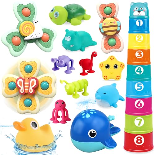 Chennyfun Spinner Baby Badewannenspielzeug, 21Pcs Kinder Badewanne Spielzeug mit Saugnapf, Wal, Seestern& Ente Badewannen Spielzeug mit Aufbewahrung, Saugnapf Spielzeug Baby für 1-5 Jahre Baby von Chennyfun