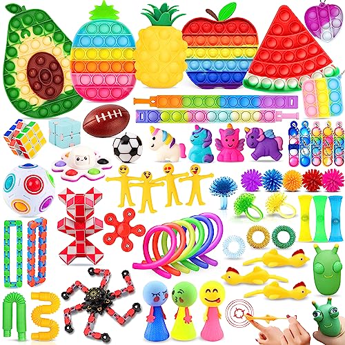 Chennyfun Stressabbau-Spielzeug Set, 62 Pcs Sensory Zappeln Anti Stress Spielzeug- Wassermelone Apfel Kiwi Zappeln Sensorisches Spielzeug Set Für Kinder Und Angst Mit Angstlust, Autismus Und ADHS von Chennyfun