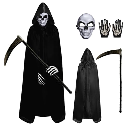 Sensenmann KostüM,Halloween Umhang,4-Teiliges Skelett KostüM,150cm Unisex Erwachsene Sensenmann Umhang Mit Sense SchäDelmaske SchäDehandschuhe FüR Cosplay Dekoration Karneval Mottoparty Maskerade von Chenyell