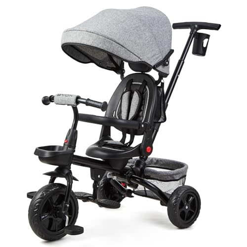 Dreirad 6 In 1 Ab 9 Monate Bis 5 Jahre, Kinderdreirad, Pedal Dreirad Kinderwagen Faltbar Mit Schubstange, 360° Drehsitz, Sonnendach, Leise RäDer, für Kinder Unter 25kg von CherishCradle