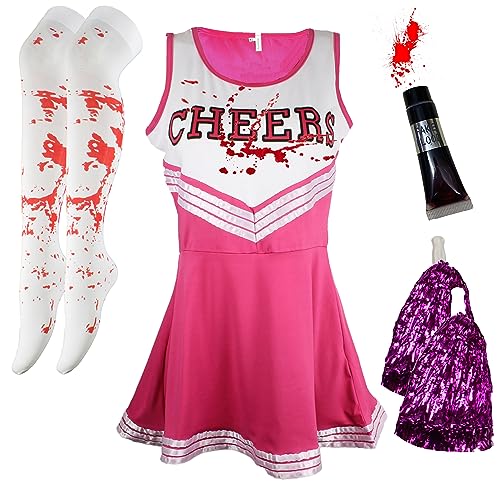 Cheerleader-Kostüm für Damen, Halloween-Kostüme für Damen, Cheerleader, Halloween-Kostüm, Erwachsene, Zombie-Cheerleader, Halloween-Kostüm für Damen, totes Cheerleader-Blutschlauch, Strümpfe, Rosa, von Cherry-on-Top