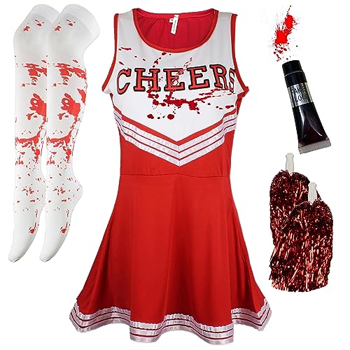 Cheerleader-Kostüm für Damen, Halloween-Kostüme für Damen, Cheerleader, Halloween-Kostüm, Erwachsenenkostüm, Zombie-Cheerleader, Halloween-Kostüm für Damen, totes Cheerleader-Blutschlauch, Strümpfe, von Cherry-on-Top