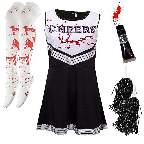 Cheerleader-Kostüm für Damen, Halloween-Kostüme für Damen, Cheerleader-Halloween-Kostüm, Erwachsenen-Zombie-Cheerleader-Halloween-Kostüm für Damen, totes Cheerleader-Blutschlauch, Strumpf, von Cherry-on-Top