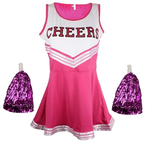 Cheerleader-Kostüm für Damen, Uniform, Highschool-Cheerleader-Outfit mit Pompons, rosa, Cheerleader, Damen, Größe XXL von Cherry-on-Top