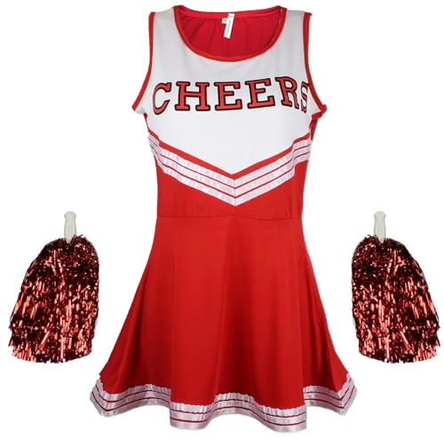 Cheerleader-Kostüm für Damen, Uniform, Highschool-Cheerleader-Outfit mit Pompons, rot, Cheerleader, Damen, Größe XXL von Cherry-on-Top