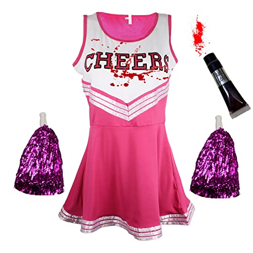 Zombie-Cheerleader-Kostüm mit Blutröhrchen, Tot-Cheerleader-Outfit für Frauen oder Kinder, Mädchen, Halloween, Rosa, Größe M von Cherry-on-Top