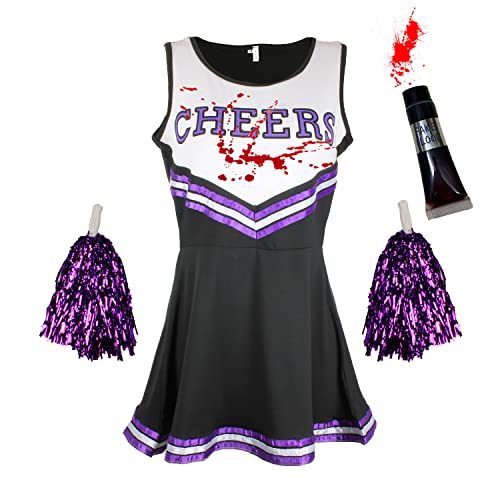 Zombie-Cheerleader-Kostüm mit Kunstblutröhrchen, „totes Cheerleader“-Outfit für Damen, Mädchen oder Kinder zu Halloween, Schwarz-Lila, Größe XL von Cherry-on-Top