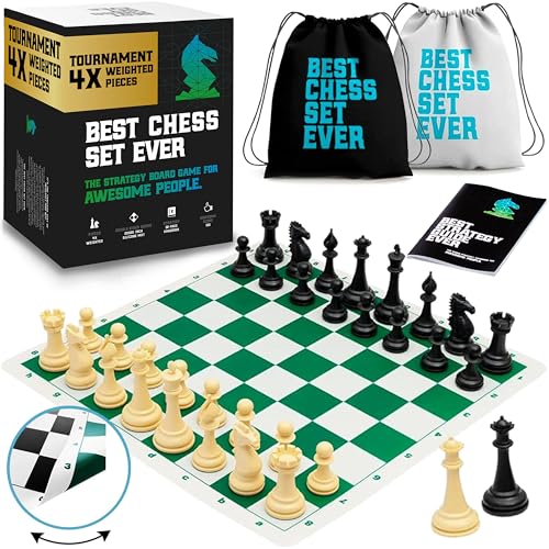 Best Chess Set Ever 4X: Turnierschach, Vierfaches Gewicht (König 11,4 cm), Silikonbrett, Beidseitig und Faltbar 50x50 cm, Moderne Staunton Figuren, Schachspiel Professionell für Erwachsene und Kinder von Chess Geeks