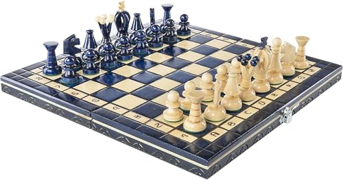 Schöne europäische handgefertigte Schachsets mit Klappbrett und handgeschnitzten Schachfiguren (31,8 cm, Blau) von Chess and games shop Muba