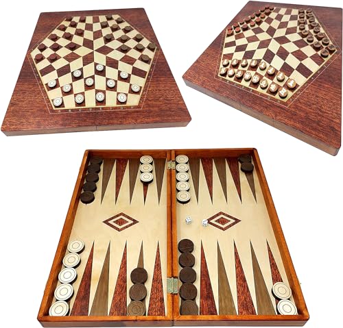 ChessEbook Multifunktionales Spielset 3-in-1: Backgammon + Schachspiel und Dame für 3 Personen aus Holz 40x40 cm - Klappbar - Spielset mit Spielsteinen - Brettspiel – Denkspiel - Handarbeit von Chessebook