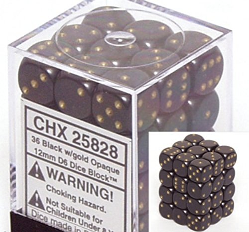 Black with Gold Opaque Dice 12mm D6 Set of 36 von Chessex