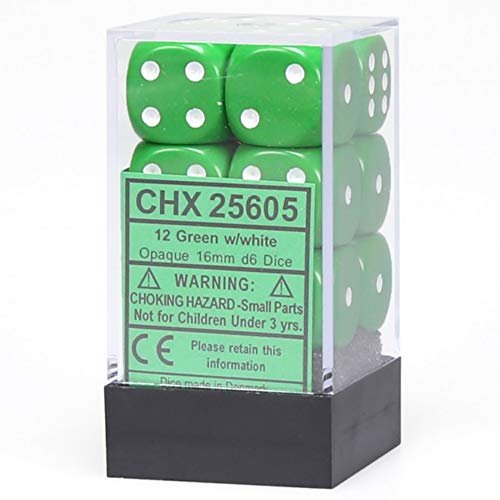 Chessex Opaque 16mm d6 with pips Dice Blocks (12 Dice) - Green w/White von Chessex