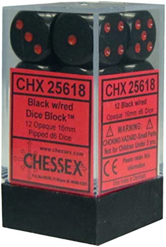 Chessex Opaque 16mm d6 with pips Dice Blocks (12 Dice) - Black w/red von Chessex