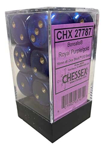 Chessex Borealis 16mm d6 Royal Purple/Gold Luminary Dice Block (12 dice) von Chessex